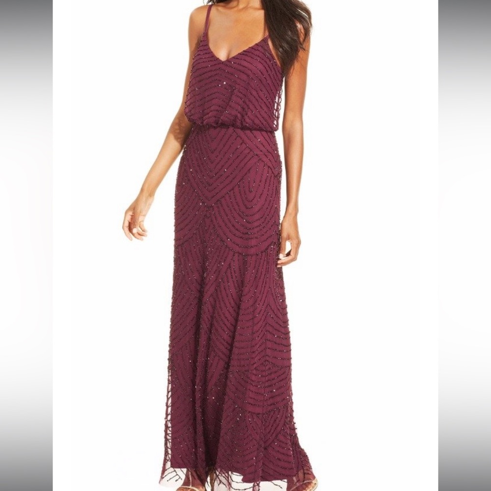 Adrianna Papell Art Deco Beaded Blouson Gown in Plum